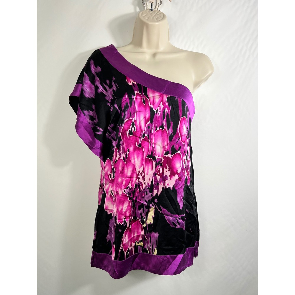Bebe Womens One Shoulder 100% Silk Abstract Floral Tunic Top Fuchsia Purple S